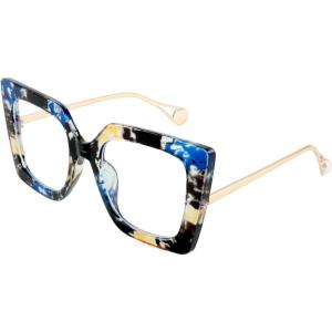 FEISEDY Oversized Square Blue Light Blocking Glasses Eye Strain Glare Pearl Inlay Arm Cat Eye Fashion Eyewear B2639(Marble Pattern)