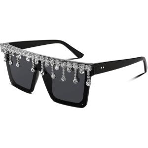 FEISEDY Oversized Square Trendy Sunglasses Womens Crystal Tassels Sparkling Shades Flat Top Visor B2976(Black Frame White Crystal)