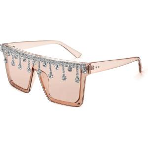 FEISEDY Oversized Square Trendy Sunglasses Womens Crystal Tassels Sparkling Shades Flat Top Visor B2976(Light Tinted Champagne White Crystal)