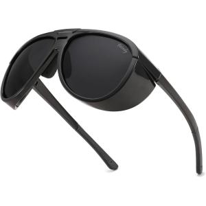 FEISEDY Polarized Aviator Sunglasses Men Women Oversized Round Steampunk Sunglasses Side Shield Goggles B0095(Black Frame & Grey Lens)