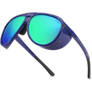 FEISEDY Polarized Aviator Sunglasses Men Women Oversized Round Steampunk Sunglasses Side Shield Goggles B0095(Blue Frame & Green Mirror Lens)