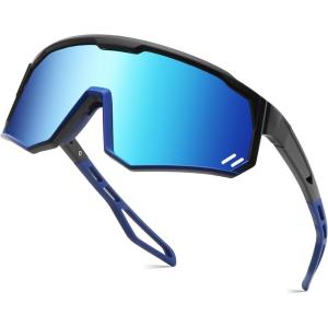 FEISEDY Polarized Cycling Glasses Sports Sunglasses, UV400 Protection Baseball Running Glasses for Men Women Youth B0180(Black Frame Blue Mirrored Lens)