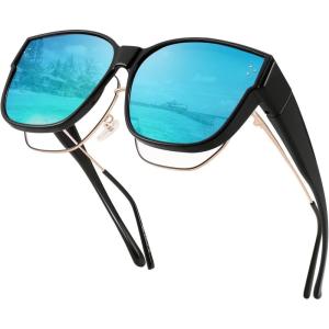 FEISEDY Polarized Fit Over Sunglasses Women Men XXL Oversized Square Cat Eye Trendy Wear Over Glasses B2849(Black Frame & Blue Mirrored Lens)