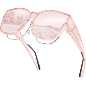 FEISEDY Polarized Fit Over Sunglasses Women Men XXL Oversized Square Cat Eye Trendy Wear Over Glasses B2849(Pink Frame & Pink Mirrored Lens)