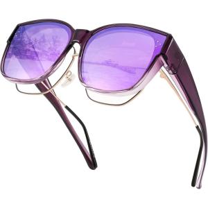 FEISEDY Polarized Fit Over Sunglasses Women Men XXL Oversized Square Cat Eye Trendy Wear Over Glasses B2849(Purple Frame & Purple Mirrored Lens)