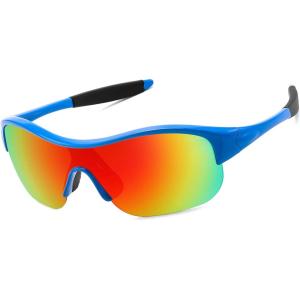 FEISEDY Polarized Sports Sunglasses for Kids Youth Baseball Cycling Running Glasses for Boys Girls Age 3-12 B0142(02 Blue Frame Red Mirrored Lens Black Legs)