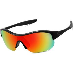 FEISEDY Polarized Sports Sunglasses for Kids Youth Baseball Cycling Running Glasses for Boys Girls Age 3-12 B0142(03 Black Frame Red Mirrored Lens Red Legs)