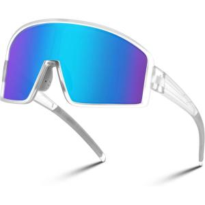FEISEDY Polarized Sports Sunglasses for Men Women Youth Cycling Glasses Baseball Softball Sunglasses B2368(Transparent Frame Blue Mirror Lens)