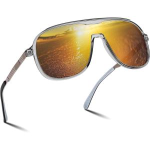 FEISEDY Polarized Sunglasses Men Mirrored One Piece Lens Shades Women Reflective UV Protection Sun Glasses B0277(Grey Frame and Gold Lens)