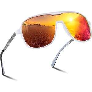FEISEDY Polarized Sunglasses Men Mirrored One Piece Lens Shades Women Reflective UV Protection Sun Glasses B0277(White Frame and Red Lens)