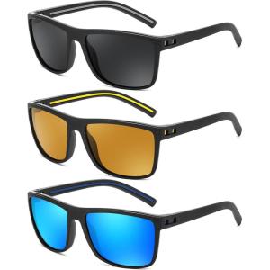 FEISEDY Polarized Sunglasses for Men and Women Lightweight Frame Sun Glasses with UV400 Protection for Driving Fishing B0301(3pack-black+dark Yellow+blue)