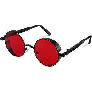 FEISEDY Retro Gothic Steampunk Sunglasses Round Metal Frame Punk Circle Inspired Shade Men B1857(Black/Red)
