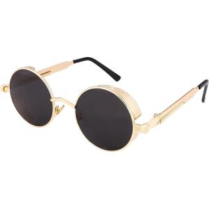FEISEDY Retro Gothic Steampunk Sunglasses Round Metal Frame Punk Circle Inspired Shade Men B1857(Gold/Grey)