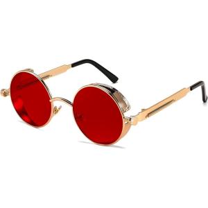 FEISEDY Retro Gothic Steampunk Sunglasses Round Metal Frame Punk Circle Inspired Shade Men B1857(Gold/Red)