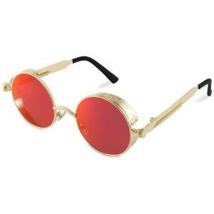 FEISEDY Retro Gothic Steampunk Sunglasses Round Metal Frame Punk Circle Inspired Shade Men B1857(Gold/Red Mirrored)