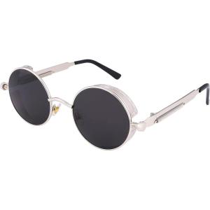 FEISEDY Retro Gothic Steampunk Sunglasses Round Metal Frame Punk Circle Inspired Shade Men B1857(Silver/Grey)