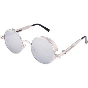 FEISEDY Retro Gothic Steampunk Sunglasses Round Metal Frame Punk Circle Inspired Shade Men B1857(Silver/Silver)