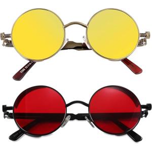 FEISEDY Retro Gothic Steampunk Sunglasses Round Metal Frame Punk Circle Inspired Shade Men B1857(Z2pack (Black/Red + Bronze/Goldgreen))