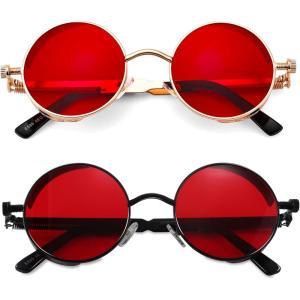 FEISEDY Retro Gothic Steampunk Sunglasses Round Metal Frame Punk Circle Inspired Shade Men B1857(Z2pack (Black/Red + Gold/Red))