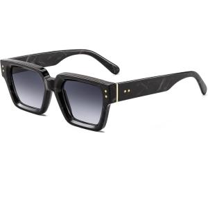 FEISEDY Retro Rectangle Sunglasses Trendy Chunky Square Sun Glasses for Women Men UV400 Protection B0073(Black Marble Pattern Frame & Gradual Grey Lens)