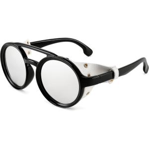FEISEDY Retro Round Steampunk Sunglasses Women Men Vintage Eyewear Light Plastic Frame with Leatherwear B2532(007 Black Frame | Silver Lens | White Leather)