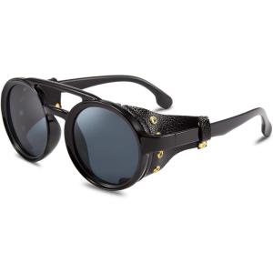 FEISEDY Retro Round Steampunk Sunglasses Women Men Vintage Eyewear Light Plastic Frame with Leatherwear B2532(Black)