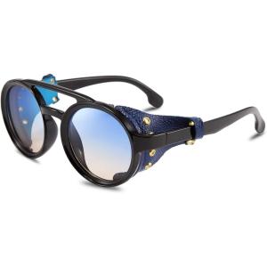 FEISEDY Retro Round Steampunk Sunglasses Women Men Vintage Eyewear Light Plastic Frame with Leatherwear B2532(Blue)