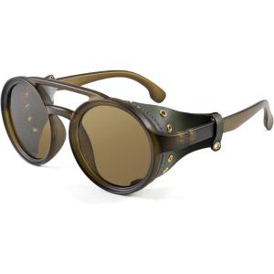 FEISEDY Retro Round Steampunk Sunglasses Women Men Vintage Eyewear Light Plastic Frame with Leatherwear B2532(Green)