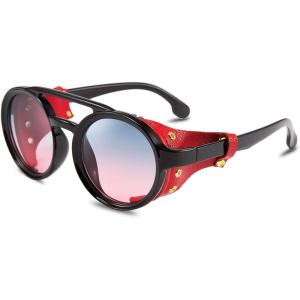 FEISEDY Retro Round Steampunk Sunglasses Women Men Vintage Eyewear Light Plastic Frame with Leatherwear B2532(Red)