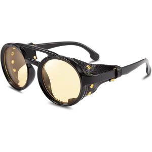 FEISEDY Retro Round Steampunk Sunglasses Women Men Vintage Eyewear Light Plastic Frame with Leatherwear B2532(Yellow)