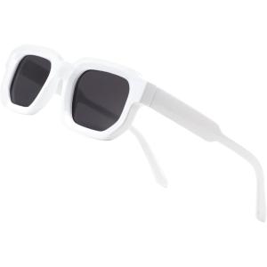 FEISEDY Retro Small Rectangle Sunglasses Women Men Fashion Thick Frame Chunky Square Shades B0202(White Frame & Black Lens)