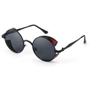 FEISEDY Retro Steampunk Polarized Sunglasses for Men Women, Round Metal Frame Gothic Vintage Style B2820(001 Black Frame & Black Gray Polarized Lens)