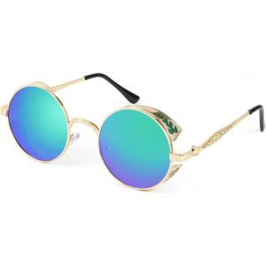FEISEDY Retro Steampunk Polarized Sunglasses for Men Women, Round Metal Frame Gothic Vintage Style B2820(006 Gold Frame & Green Polarized Lens)