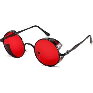 FEISEDY Retro Steampunk Polarized Sunglasses for Men Women, Round Metal Frame Gothic Vintage Style B2820(007 Black Frame & Red Lens)