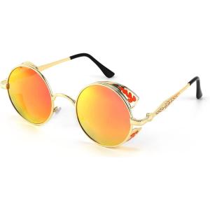 FEISEDY Retro Steampunk Polarized Sunglasses for Men Women, Round Metal Frame Gothic Vintage Style B2820(Gold Frames & Gold Polarised Lenses)