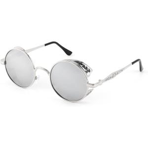 FEISEDY Retro Steampunk Polarized Sunglasses for Men Women, Round Metal Frame Gothic Vintage Style B2820(Grey Frames & Grey Polarised Lenses)