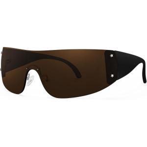 FEISEDY Rimless Wrap Around Y2K Sunglasses For Women Men Fashion Oversized Shield Frameless Sun Glasses B4119(Black/Brown)