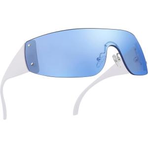 FEISEDY Rimless Wrap Around Y2K Sunglasses For Women Men Fashion Oversized Shield Frameless Sun Glasses B4119(White/Blue)