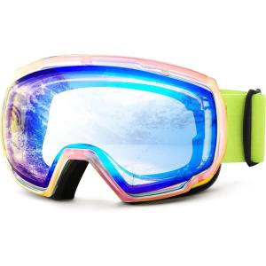 FEISEDY Ski Goggles, OTG Snow Sport Goggles for Adult Youth, Anti-Fog UV400 Protection Bendable Dual-Lenses B2961(A1-revoblue Vlt 57%)