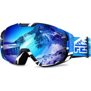 FEISEDY Ski Goggles, OTG Snow Sport Goggles for Adult Youth, Anti-Fog UV400 Protection Bendable Dual-Lenses B2961(Revo Ice Blue Silver Vlt 22%)