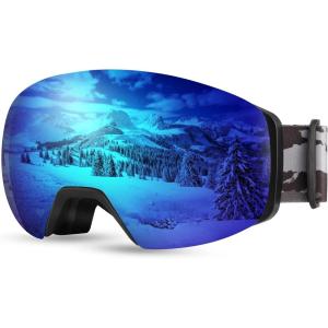 FEISEDY Ski Goggles, OTG Snow Sport Goggles for Adult Youth, Anti-Fog UV400 Protection Bendable Dual-Lenses B2961(Revoblue Vlt 16%)