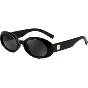 FEISEDY Small Retro Oval Sunglasses for Women Men 90s Vintage UV400 Protection Sun Glasses B9161(Black Frame Black Lens)