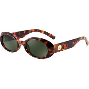 FEISEDY Small Retro Oval Sunglasses for Women Men 90s Vintage UV400 Protection Sun Glasses B9161(Leopard Frame Green Lens)