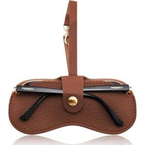 FEISEDY Soft Leather Sunglass Case-Slim Portable Glasses Holder with Button-Closure Wrist Strap for Travel & Outdoor B0308(Auburn)