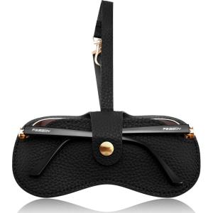 FEISEDY Soft Leather Sunglass Case-Slim Portable Glasses Holder with Button-Closure Wrist Strap for Travel & Outdoor B0308(Black)