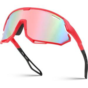 FEISEDY Sport Sunglasses for Men Women, Cycling Glasses with UV Protection, for Baseball, Ski, Runing, Golf B0082(Red Frame/Pink Mirror)