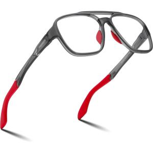 FEISEDY Sports Blue Light Glasses for Men Lightweight Anti Slip Running Cycling Square Glasses Computer Eyeglasses B0156(Matte Transparent Grey/Red Leg)