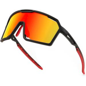 FEISEDY Sports Cycling Sunglasses for Men Women, UV400 Protection Baseball Running Fishing Biking B0168(Black Frame Red Mirrored Lens)