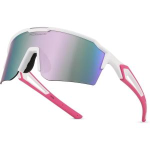 FEISEDY Sports Sunglasses for Men Women Baseball Cycling Running Driving Glasses UV400 B0088(White Frame Pink Mirror Lens)