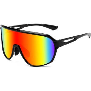 FEISEDY Sports Sunglasses for Men and Women,Oversized One Piece Reflective Lens Cycling Sunglasses B0178(Black Frame Red Mirrored Lens)